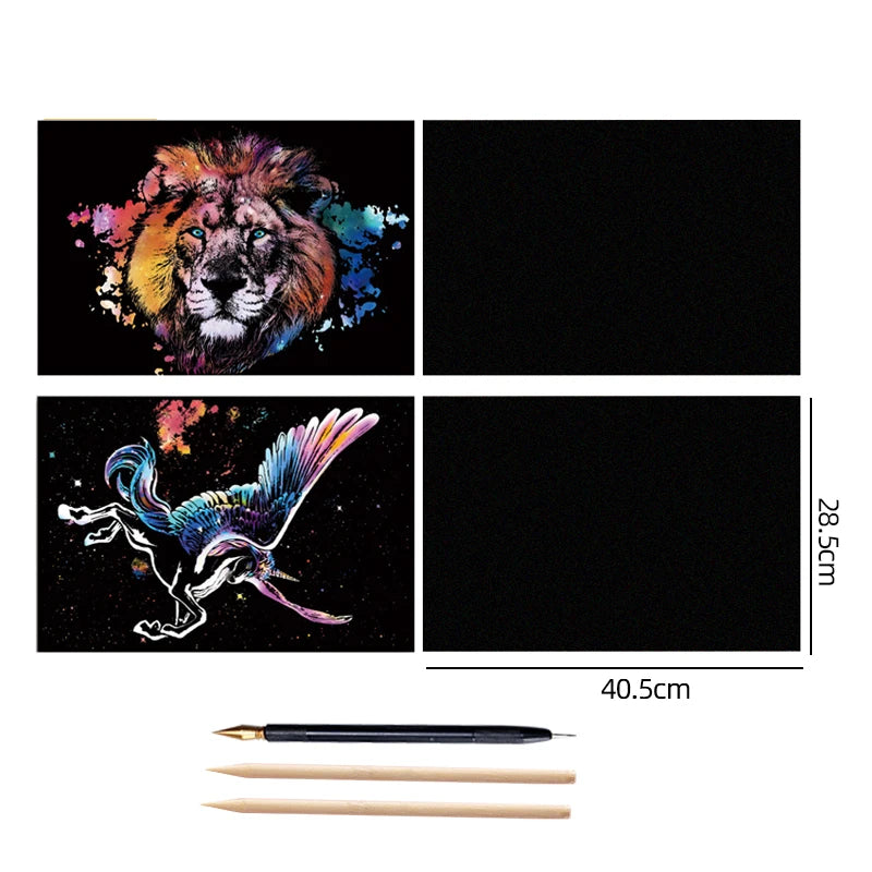 4PCS Scratch Art Paper World Landmarks Animals Painting Toy with Stylus Stress Relief Drawing Kids Adult Gift Glow in Dark Craft.