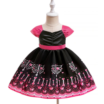 Kleinkind Halloween Kostüm Mädchen Cosplay Hexe Kürbis Skelett Druck Bowknot Kleid Kinder Festival Party Performance Kleidung