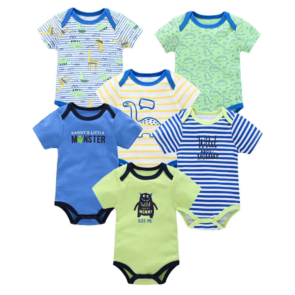 Kavkas 3-teiliger Baby-Body für Jungen und Mädchen, 0–12 Monate, kurzärmelig, Sommer-Baumwollkleidung, Cartoon-Druck, Säuglingskleidung