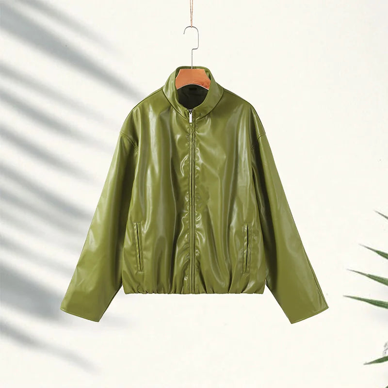 Stylish Leather Solid Jacket Pants Set Women Stand Collar Zipper Coat Loose Trousers Sets Female 2025 Autumn Fashion Streetwears.