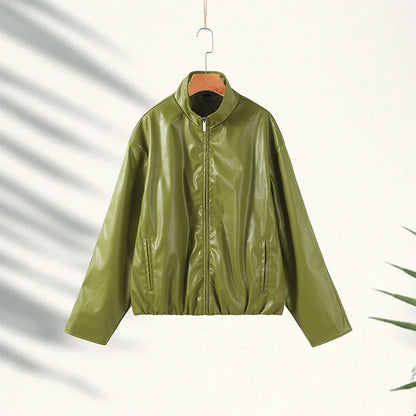 Stylish Leather Solid Jacket Pants Set Women Stand Collar Zipper Coat Loose Trousers Sets Female 2025 Autumn Fashion Streetwears.