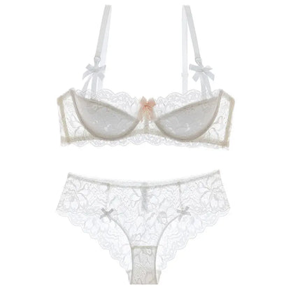 French Coquette Lace Bra Set Bow Straps Minimizer Large Bust Sheer Half Cup Balconette Push Up No Spill Underwire Sexy Lingerie