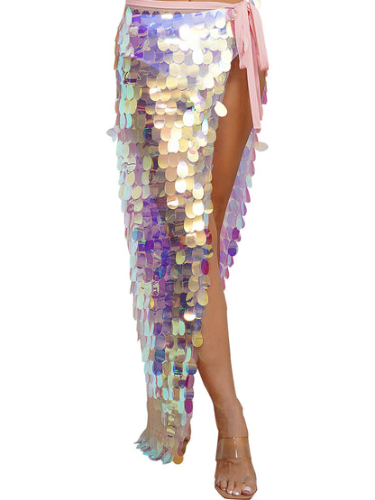 Womens Sequins Dance Skirt Lace-Up Mermaid Hip Scarf Wrap Long Belly Dance Hip Skirt Festival Dance Stage Performance Costumes