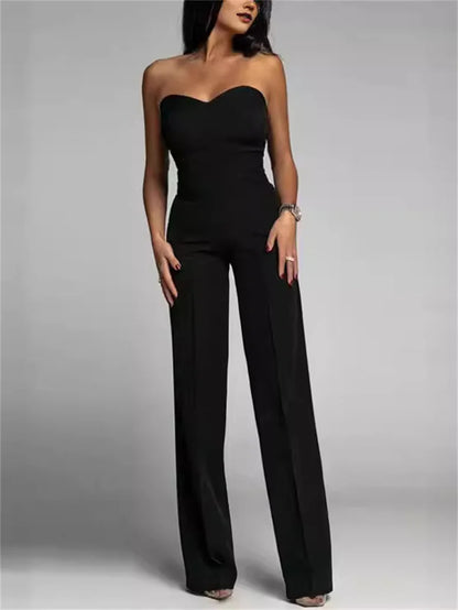 Elegant Straight-Leg Jumpsuit Women Spring Summer Solid Strapless Backless Slim Romper Office Lady One Piece Wide Leg Pant.
