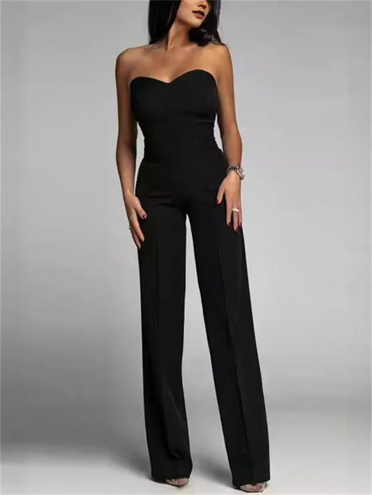 Elegant Straight-Leg Jumpsuit Women Spring Summer Solid Strapless Backless Slim Romper Office Lady One Piece Wide Leg Pant.