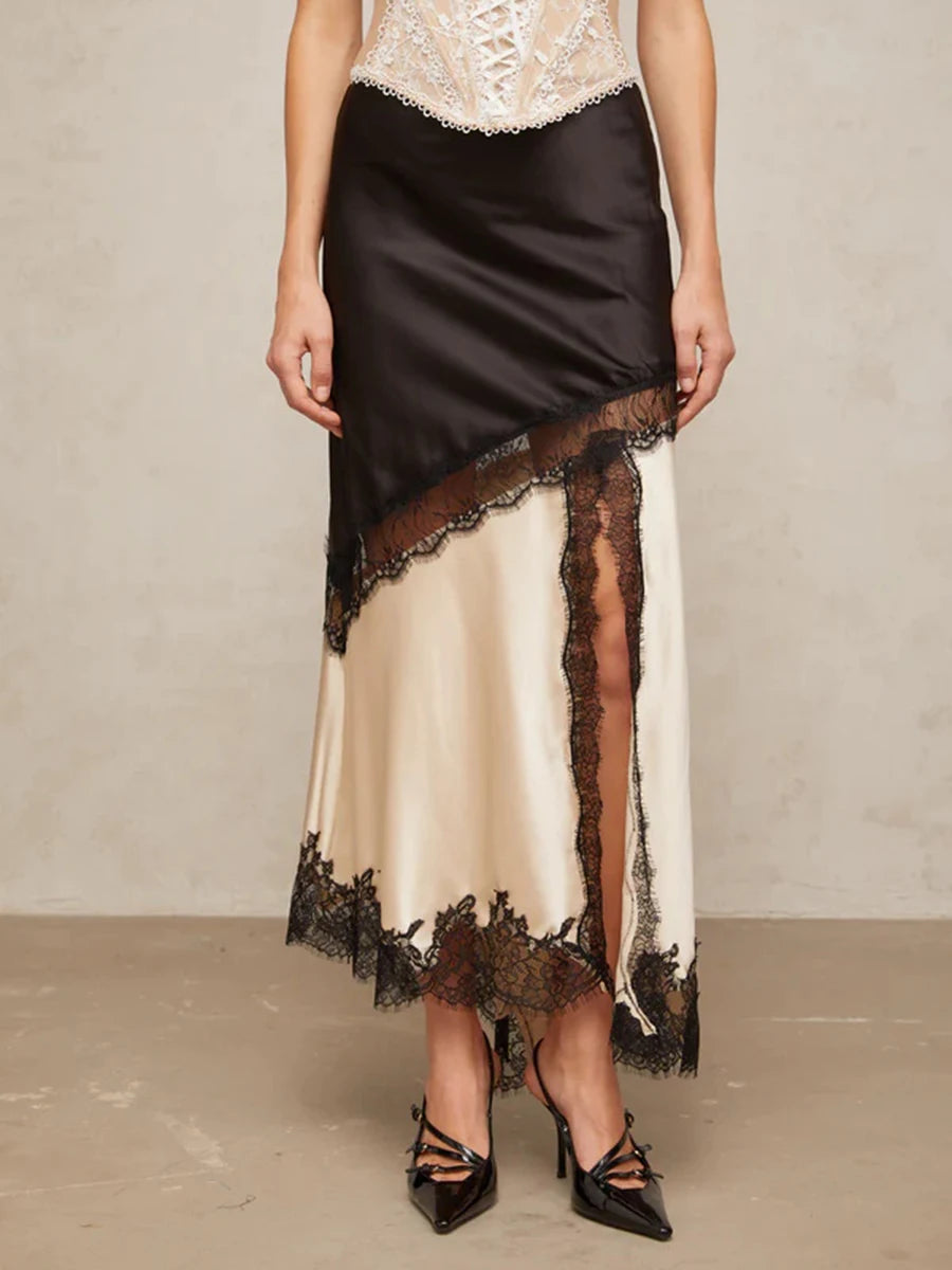 TWOTWINSTYLE Colorblock Slimming Fashion Midi Skirts for Women Patchwork Lace Temperament Skirt Female Elegant Clothing Style.