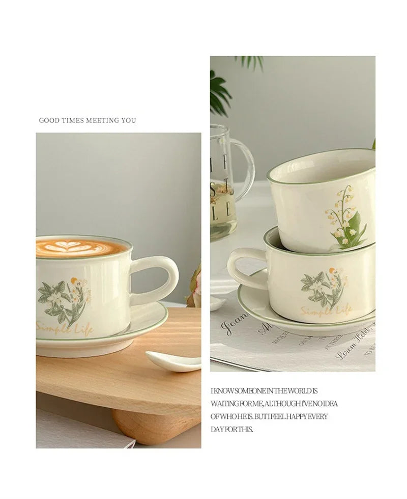 380ml Retro European Style Ceramic Mug Floral pattern Coffee Cup and Saucer Set Exquisite Latte Afternoon Tea cup Dessert Plate.