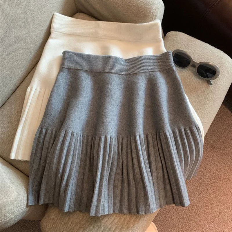 Pleated Mini Skirts Korean Sweet Knitted Skirts Sweet Elastic Waist Ladies Casual Youthful For Women's Clothes Solid Fashion New.