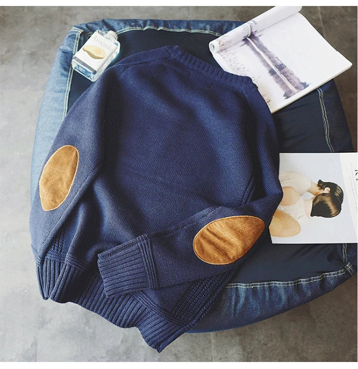 New Men's Pullover with Fashionable Patch Design, Knitted Pullover, Harajuku Street Wear, Thick O-neck Casual Pullover, Wool.