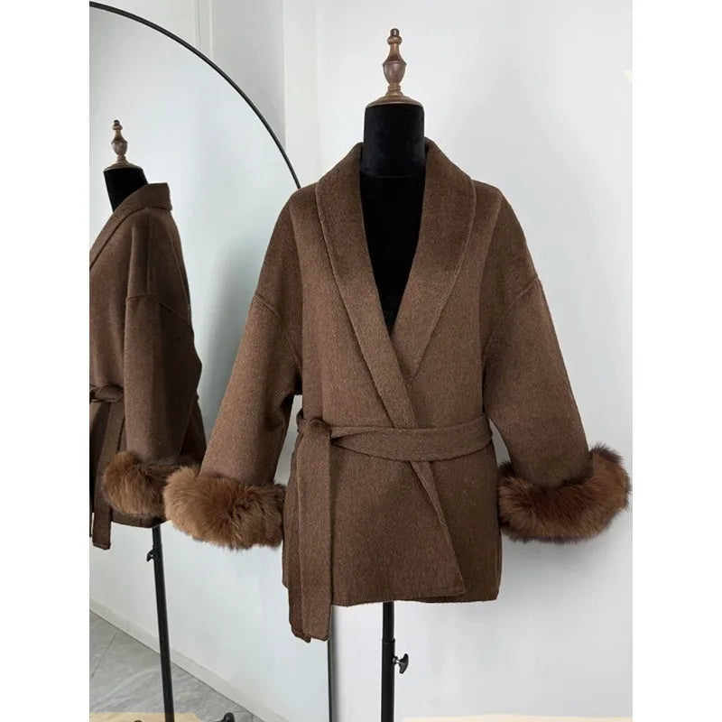 2025 Chic Lapel Plush Coat With Belt Women Vintage Faux Fur Sleeve Tweed Open Coats Female Autumn Winter Casual Street Outwear.