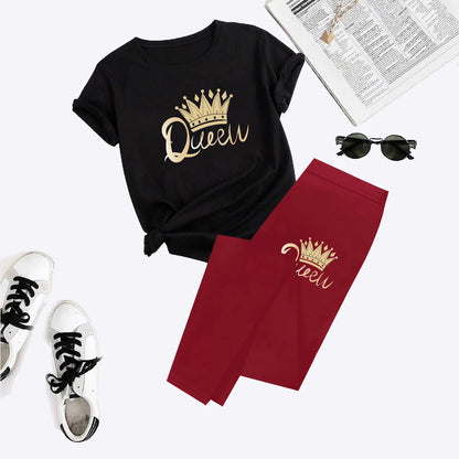 2024 New Summer Women's Printed Comfortable Casual Set 2 piece sets women outfit pants set queen letter printed Short Sleeve Top.