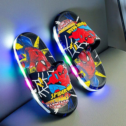 Disney Spider-Man Children's Slippers Non-slip Cartoon Light Soft Soled Slippers For Boys LED Light Luminous Children's Summer S.