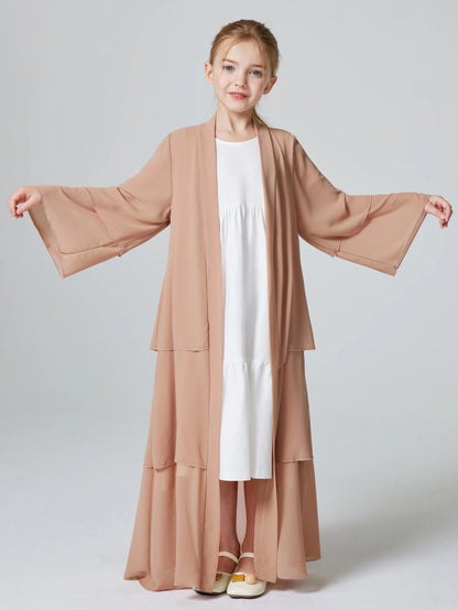 Ramadan Kebaya Muslim Girls Abaya 3 Layered Chiffon Kids Abaya Dress Open Front   Outerwear (Without Hijab).