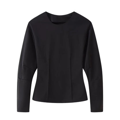 2025 Spring New Women's Two Piece Pant Set Fashion Long Sleeve O-neck Pleated Top Double-Sided Fabric Office Top Casual Pants.