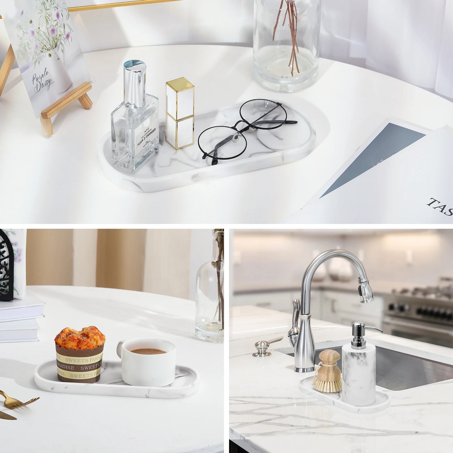 Bathroom Vanity Tray Oval Soap Dispenser Tray 10" Marble Kitchen Counter Trays Resin Bathroom Tray for Counter Toilet Tank Tray.