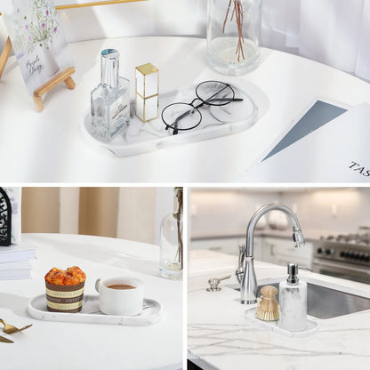 Bathroom Vanity Tray Oval Soap Dispenser Tray 10" Marble Kitchen Counter Trays Resin Bathroom Tray for Counter Toilet Tank Tray.