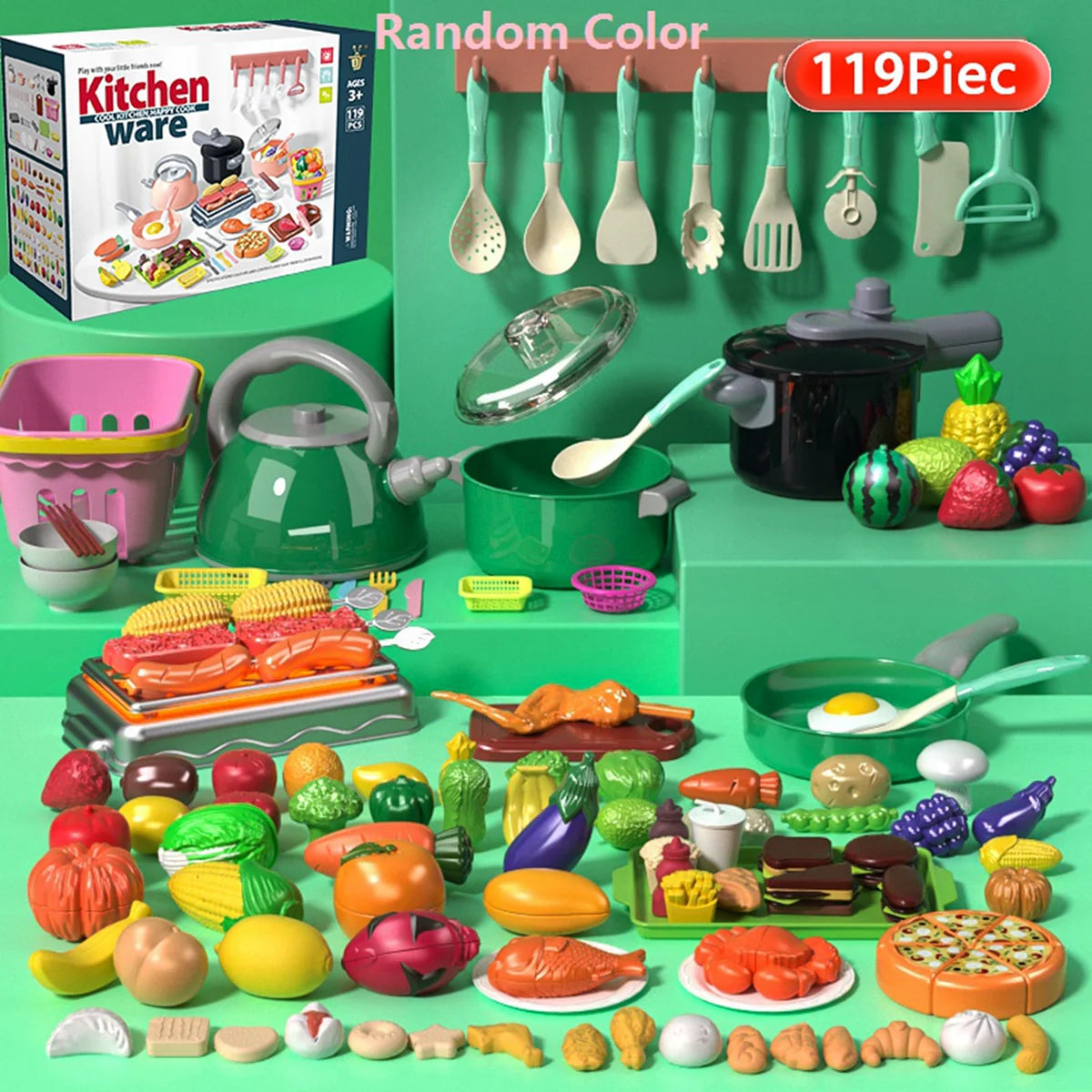 Kids Kitchen Toy Accessories, Pretend Cooking Playset with Play Pots and Pans, Utensils Cookware Toys, Play Food Set, Toy Vegeta