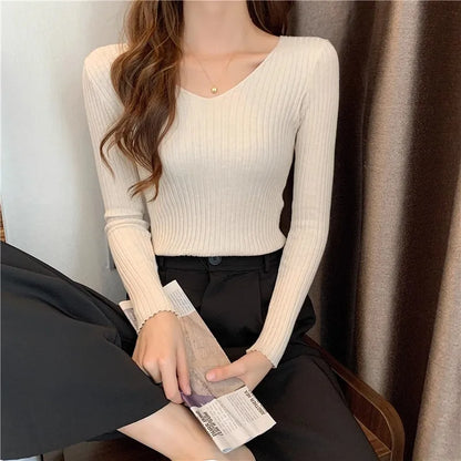 2025 einfarbig Schlank Pullover Koreanische Herbst Winter V-ausschnitt Pullover Mode Lässig Langarm Gestrickte Pullover Frauen Kleidung