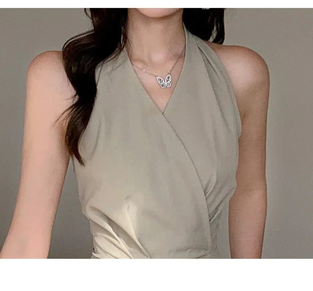 Women Clothes Elegant Sexy Halter Backless Folds Slim Wide Leg Loose Rompers Summer Solid Casual One Piece Long Jumpsuits.