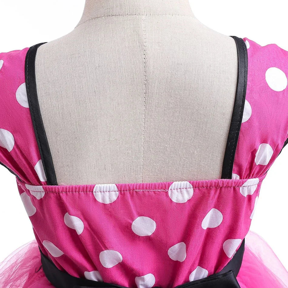 Disney Minnie Maus Polka Dot Kleid Mädchen Rosa Rot Sommer Kleidung Kinder Geburtstag Karneval Weihnachten Party Bogen Mesh Kleid Kostüme.