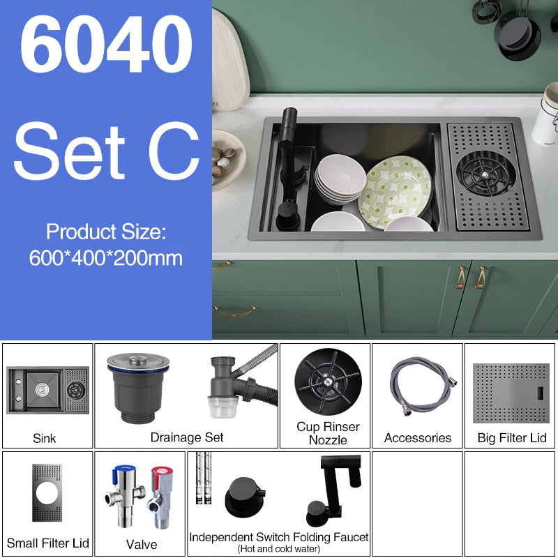 ASRAS Nano Black Small Size Kitchen Sink Cup Washer Hidden Bar Counter Cover Concealed Single Bowl Sinks With Lifting Faucet