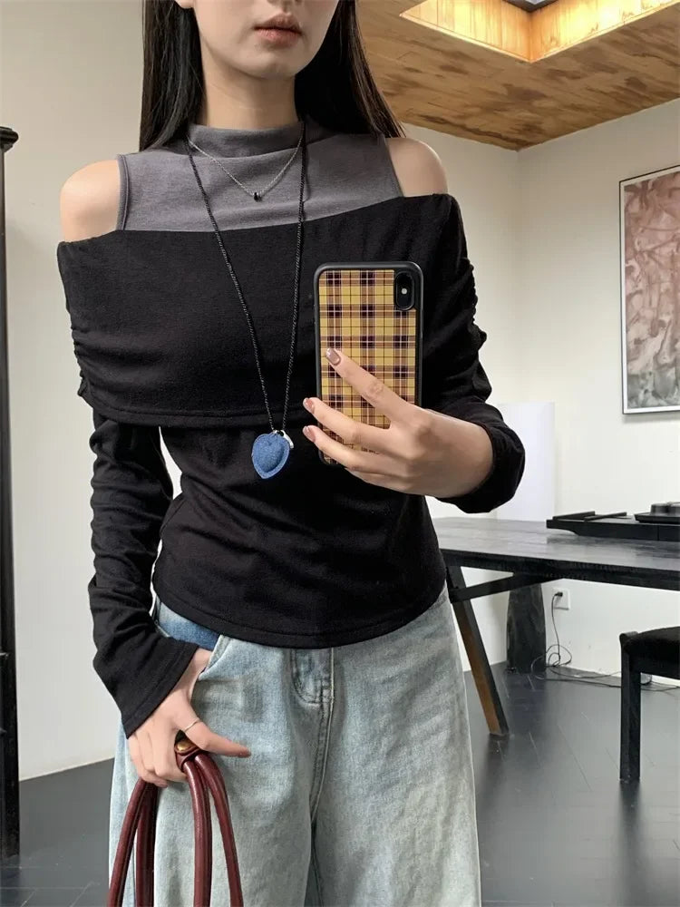 Retro American Shoulder Bared Long Sleeve T Shirt Women Spring Autumn Spicy Girl Fake Two Piece Base Shirt High Collar Polyester.