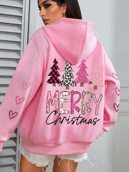 Merry Christmas And The Tree Printing Women Hooded Fashion Warm Comfortable Hooded Round Neck Casual Hoodies Fleece Soft Clothes.