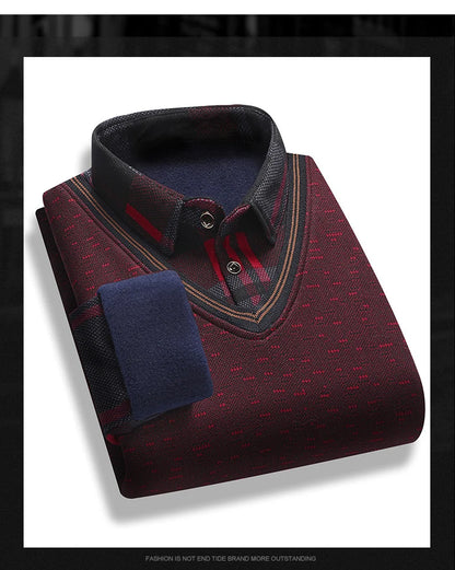 New Autumn Winter Sweaters Men's Velvet Pullover Knitted Bottom Shirts Men's Polo Pullover Wine Red Fleeced Knitwear.