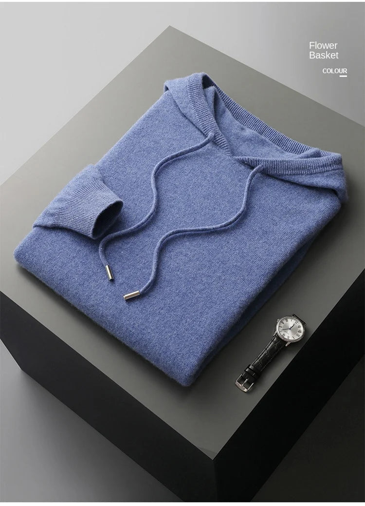 Autumn Winter New Merino Sweater Men's 100% Wool Hooded Collar Knitted Pullover Casual long Sleeved Hoodie