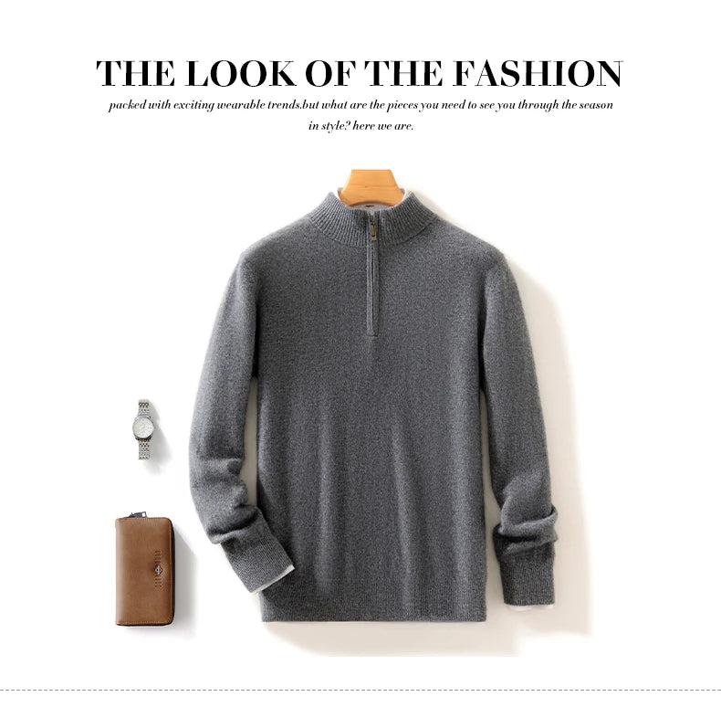 Autumn Winter Men's 100% Merino Wool Sweater Mock Collar Half Zip Knitted Pullover Cashmere Sweatshirt Casual Long Sleeved Tops.