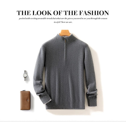 Autumn Winter Men's 100% Merino Wool Sweater Mock Collar Half Zip Knitted Pullover Cashmere Sweatshirt Casual Long Sleeved Tops.