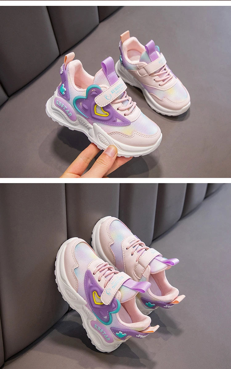 Girls Sports Shoes Kids Running Shoes Pink Breathable Air Mesh Heart Sweet Sneakers Cute Hook & Loop Children's Casual  Shoes.