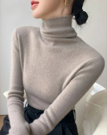 2025 herbst Winter Rollkragen Warme Jumper Lässig Feste Dünne Strickjacke Frauen Langarm Gestrickte Pullover Einfache Basis Schicht Top.