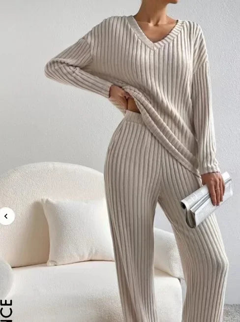 Women's Pajamas Autumn Winter New Casual Straight Pants Pullover Sleepwear Loose V Neck Knitted Home Wear Two Piece Loungewear.