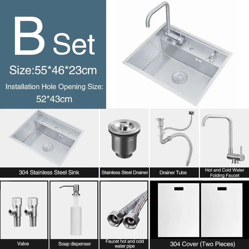 Nanometer Double Cover Hidden Kitchen Sink 304 Stainless Steel 3 Holes Handmade Single Large Size Kitchen Hidden Sinks