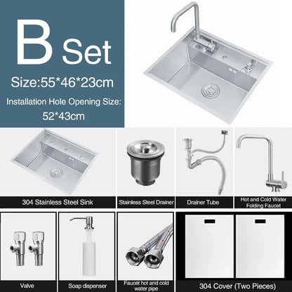 Nanometer Double Cover Hidden Kitchen Sink 304 Stainless Steel 3 Holes Handmade Single Large Size Kitchen Hidden Sinks