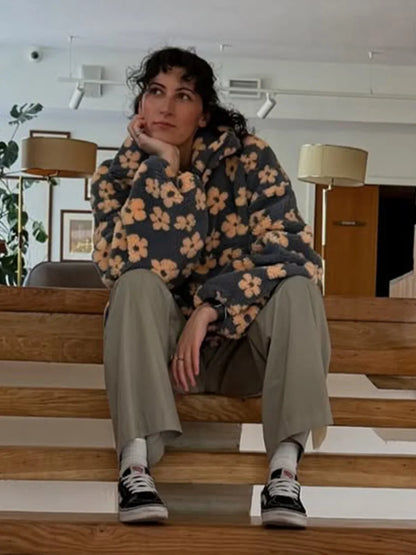 Sumuyoo Autumn Winter Women's Sherpa Floral Pullover Hoodies Half Zip Style Loose Fit Warm Stylish New Sweatshirt.