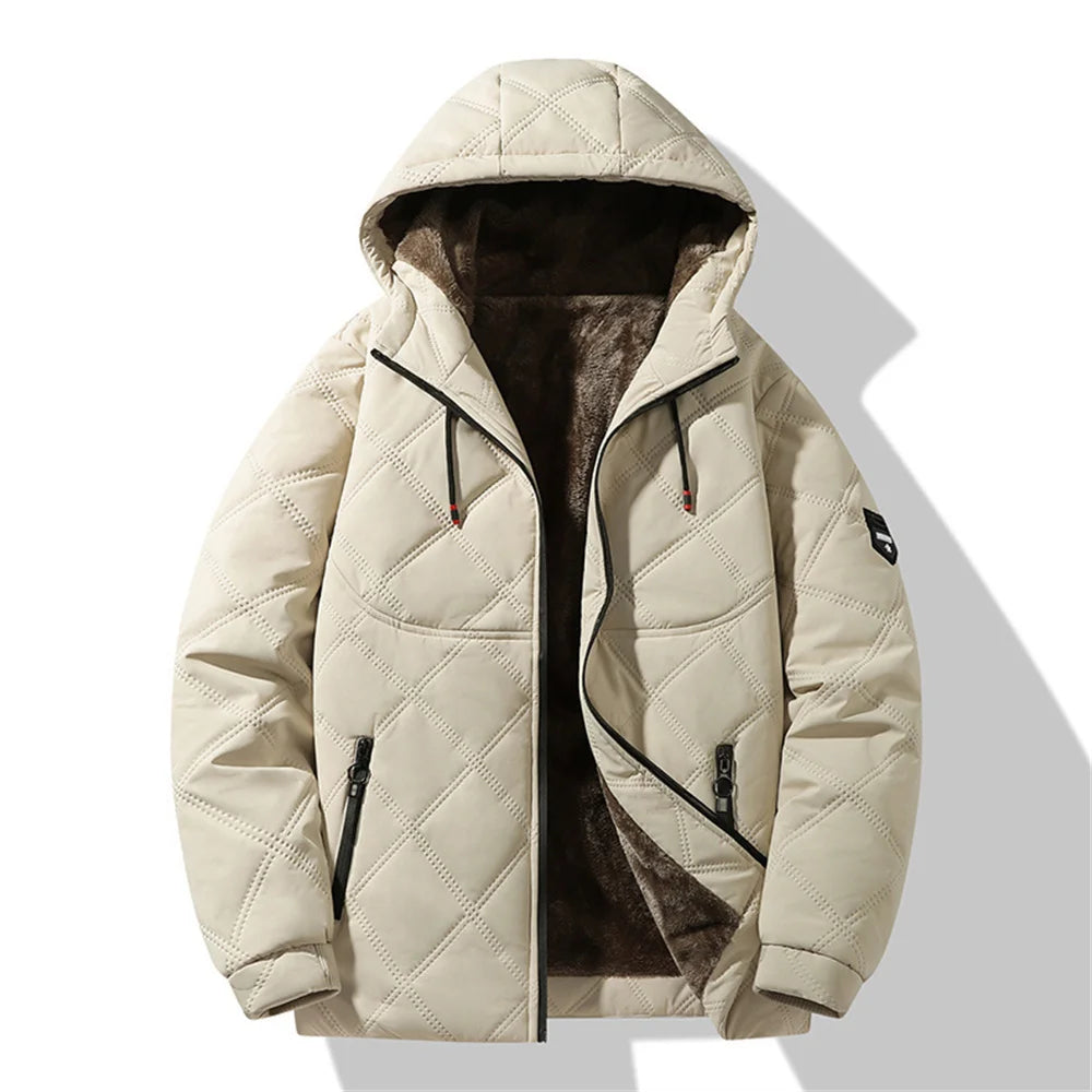 Winter Windproof Thermal Diamond-Pattern Fleece-Lined Thickened Cotton Coat Business Casual Hooded Jacket Fashionable Menswear.