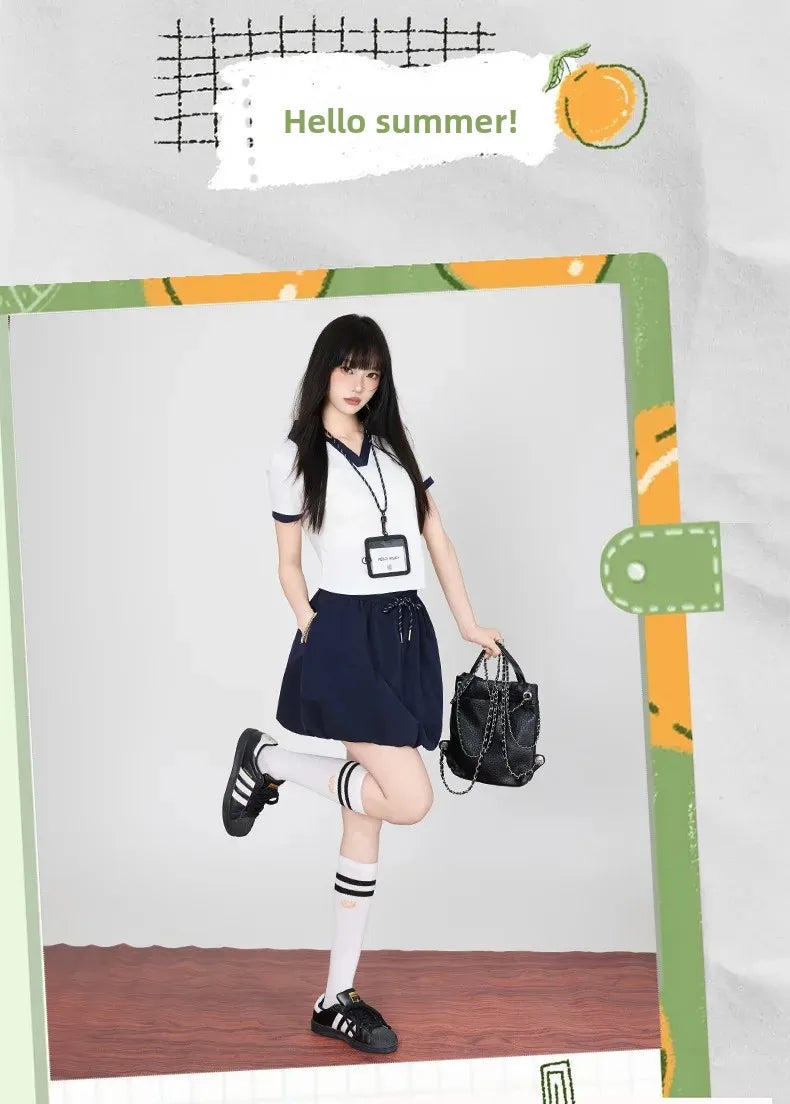 Korean College Style Half-length Shorts Floral Pants White Short-sleeved Set 2025 Versatile New Model Cotton V-neck T-shirt.