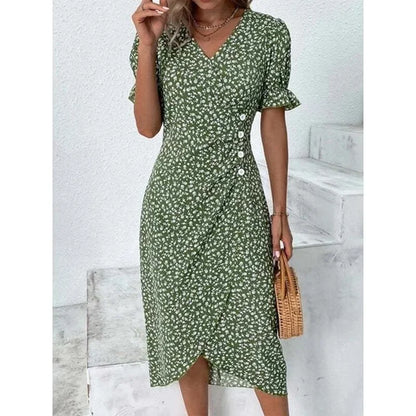 Elegante Blumen Plissee H-förmigen Midi Kleid Weibliche V-ausschnitt Puff Sleeve Taille Geraffte Taste Kleider Frauen Sommer Kleid Robe.