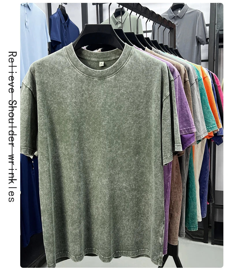 Personality washed vintage short sleeve T-shirt high-end 100% pure cotton men fashion round neck comfort lightweight casual top.