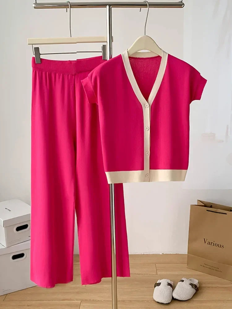 Fashion Knitted 2 Pieces Sets Women V-Neck Single Breasted Cardigan+High Waist Wide Leg Long Pants 2024 New Solid Sweater Suits