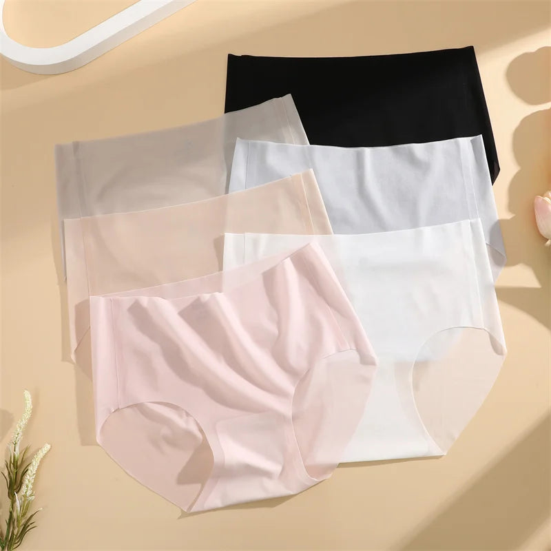 4PCS/Set Women's Ice Silk Seamless Panties Ultra Thin Briefs Breathable Underwear Female High Waist Intimates Lingerie Plus Size.