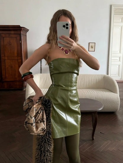 Chic Stand Collar Leather Long Skirt Sets Women Long Sleeve Jackets Spliced Solid Skirts 2025 Autumn Lady Y2k Outfits dress