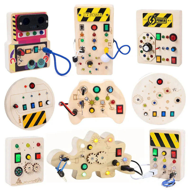 Montessori Busy Board Sensory Toys Wooden With LED Light Switch Control Board Travel Activities Children Games For 2-4 Years Old.