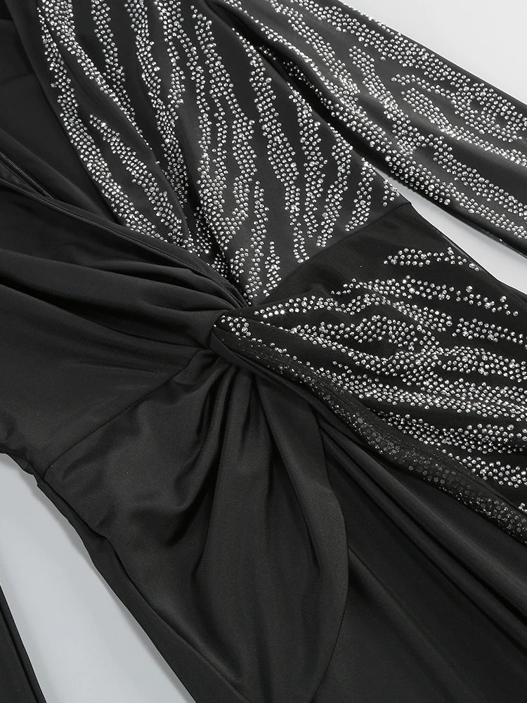 Sexy Deep V Neck Sparkly Diamonds Design Jumpsuit Women Long Sleeve Draped Wide Leg Jumpsuit Elegant Evening Club Costume Runway.