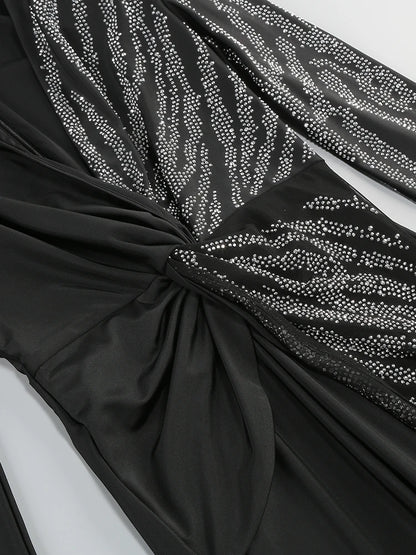 Sexy Deep V Neck Sparkly Diamonds Design Jumpsuit Women Long Sleeve Draped Wide Leg Jumpsuit Elegant Evening Club Costume Runway.