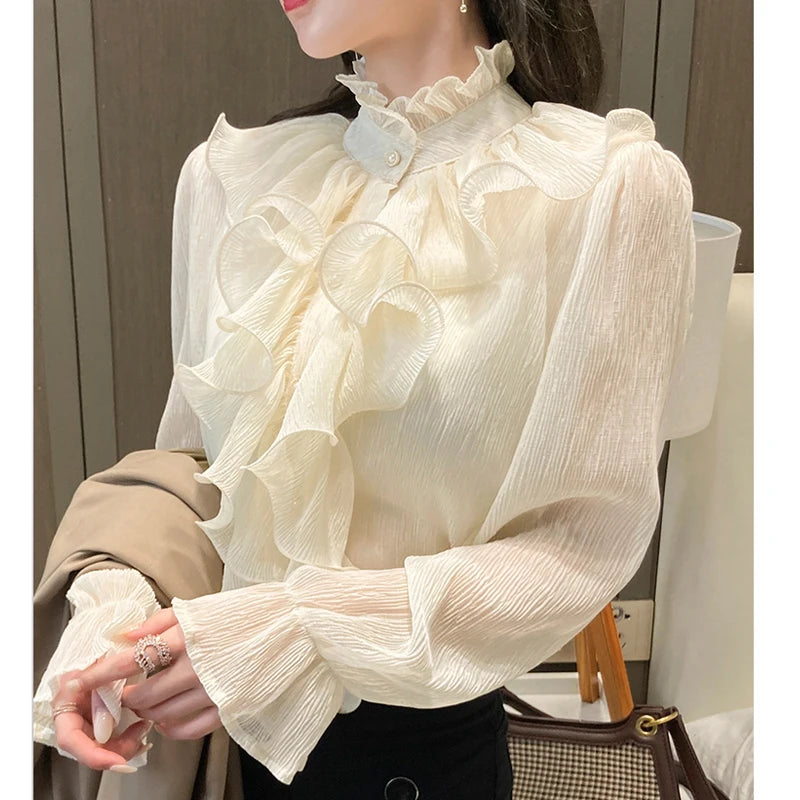 Autumn Vintage Ruffles Clothes Lace Blouse Women Spring Stand Collar White Chiffon Shirt Long Puff Sleeve Loose Tops Elegant.