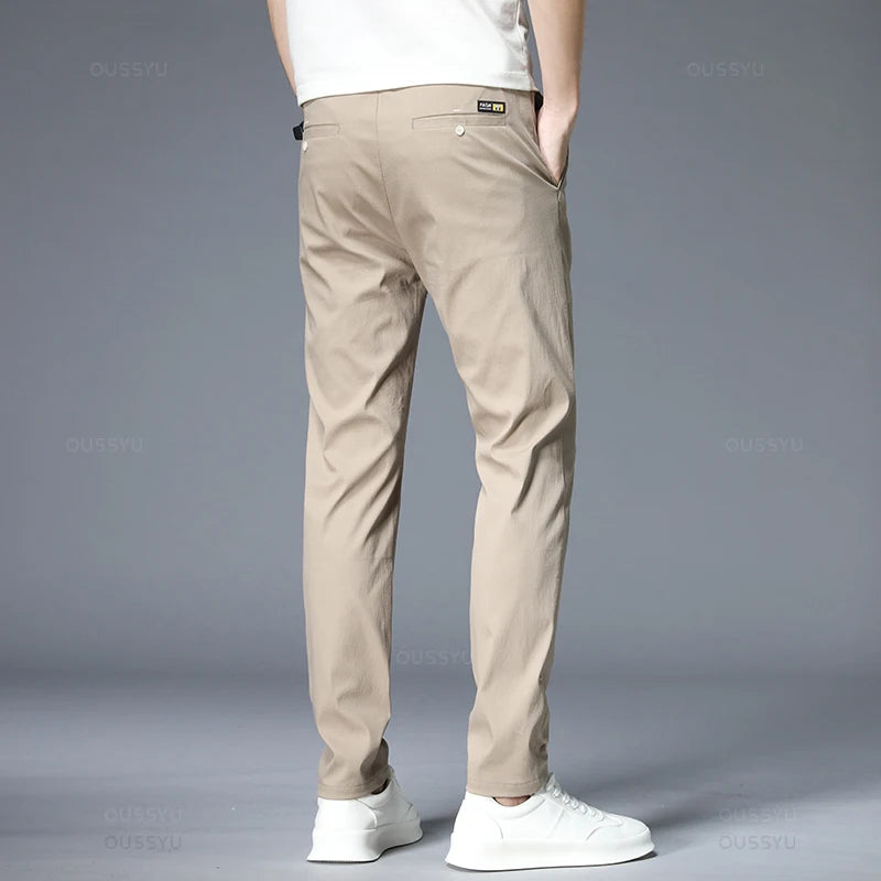 Spring Summer Casual Pants Men Thin Stretch Slim Fit Elastic Waist Business Classic Korean Trousers Male Khaki Gray 38.