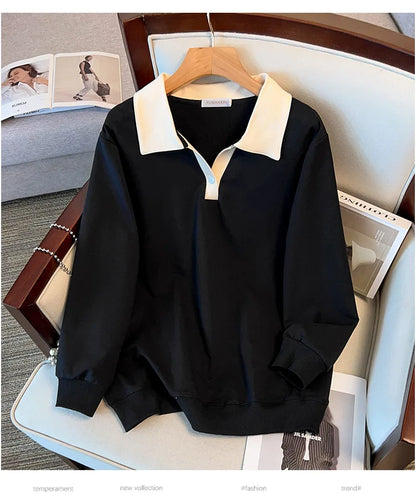 170kg plus size Damen büste Herbst lose Revers Langarm Sweatshirt schwarz rot 6xl 7xl 8xl 9xl 10xl 11xl